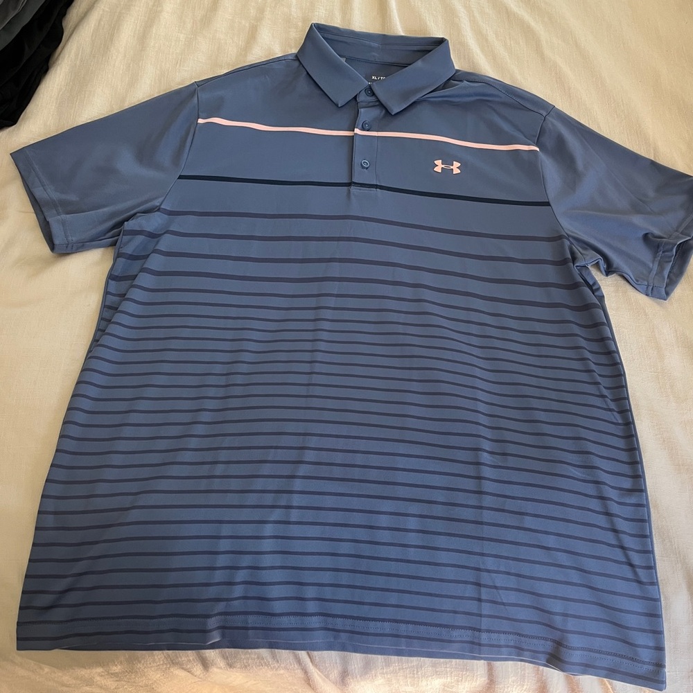 Under Armour Men’s Blue Stripe Polo with Pink Accent